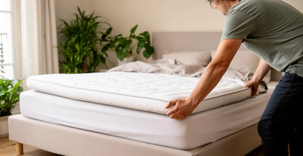 Personne ajustant un surmatelas épais sur son lit