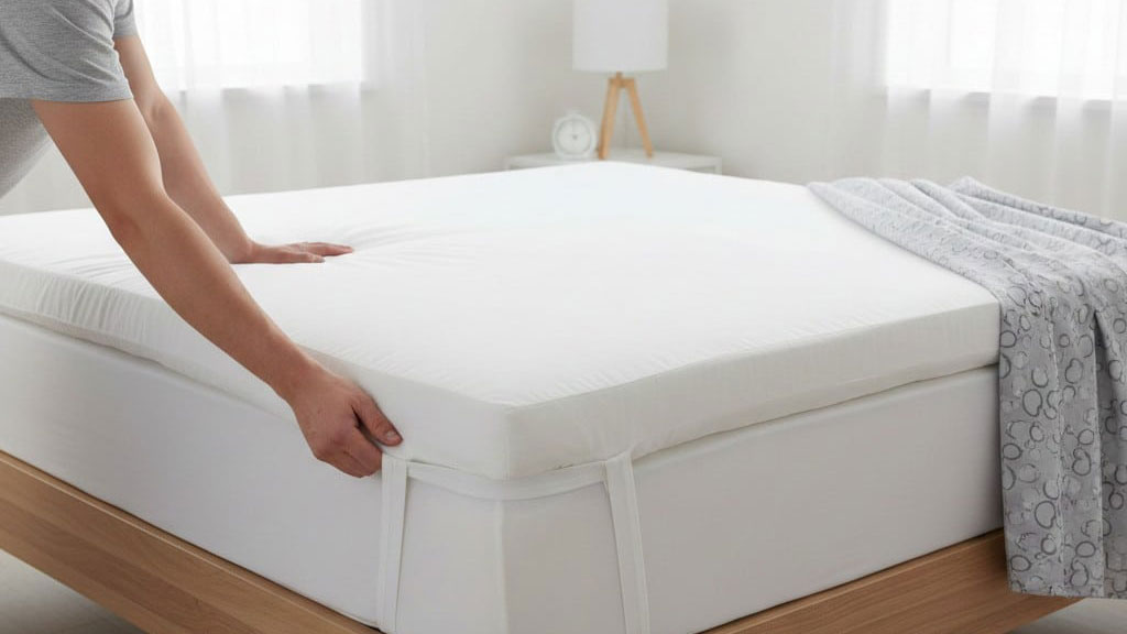 Personne ajustant un surmatelas épais sur son lit