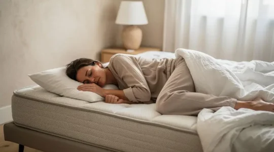 Personne dormant paisiblement en position latérale sur un matelas dans une chambre moderne