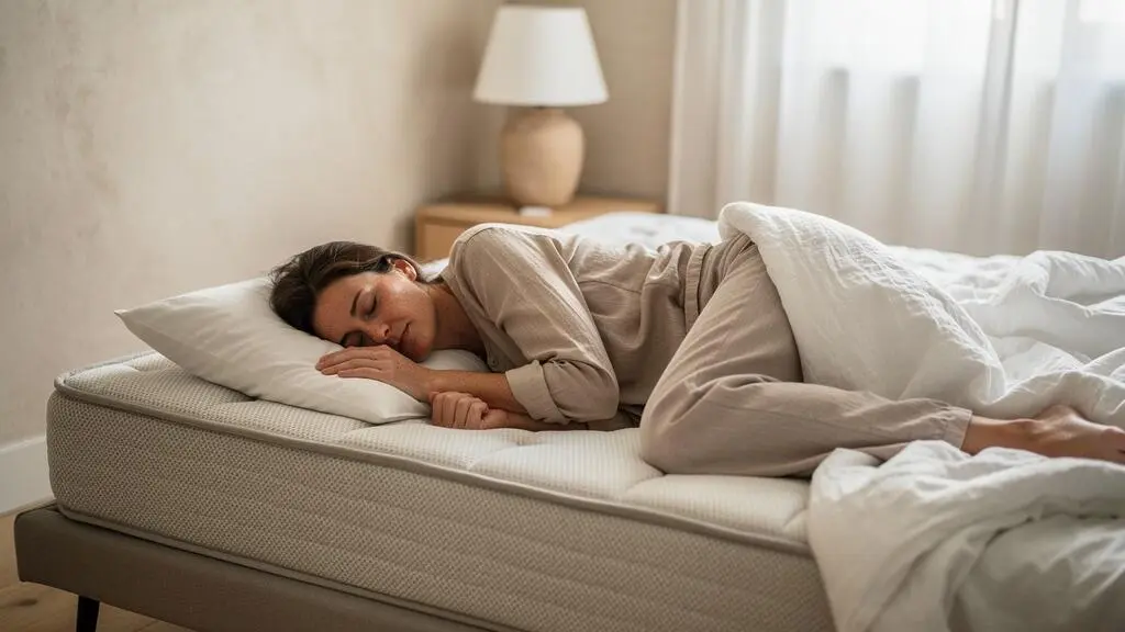 Personne dormant paisiblement en position latérale sur un matelas dans une chambre moderne