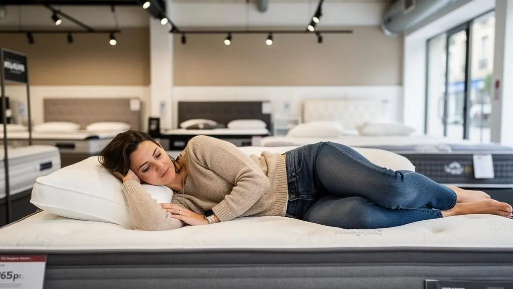 Cliente testant un matelas en position latérale dans un showroom de literie français